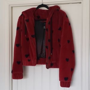 HEARTS Faux Fur Hooded Red & Black Soft Furry Jacket Coat Small